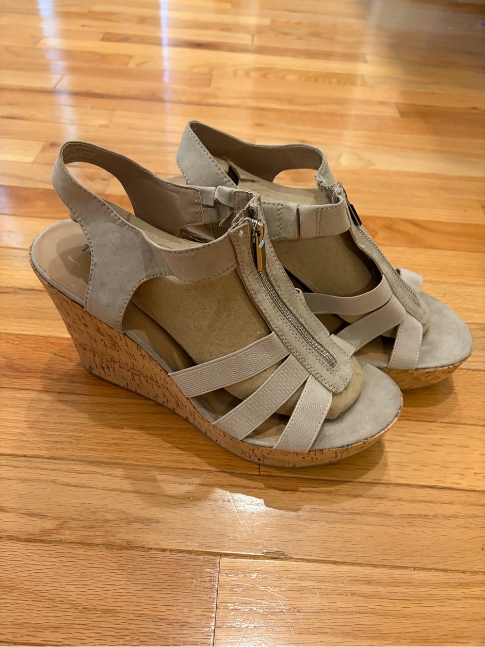 torrid Stretch Front Zip Cork Wedge Taupe Fabric Upper 4.5” Heel
